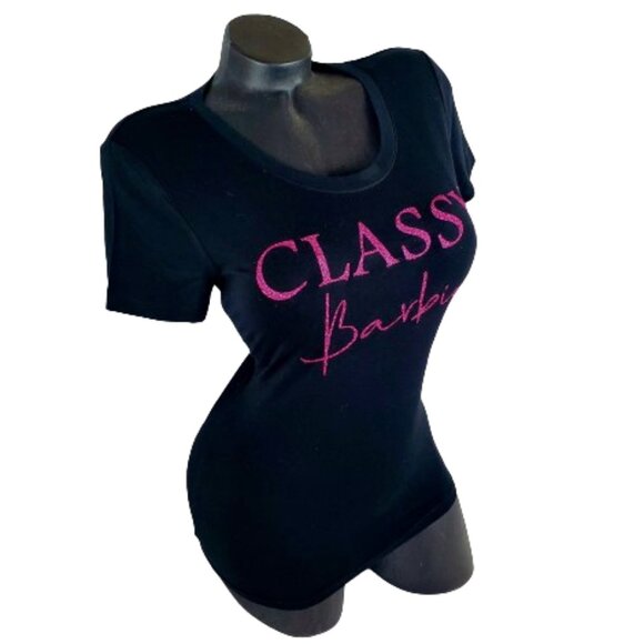 Classy Barbie on a Black Fitted Spandex Tee with Shiny Glitter Lettering! - Picture 2 of 5